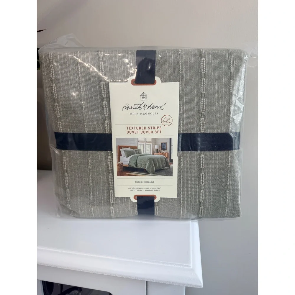 Hearth & Hand Duvet Cover Set Full/Queen Sage Green Textured Stripe NWT